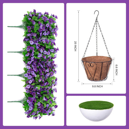 INXUGAO Artificial Flowers with Hanging Basket, Outdoor Faux Plants Silk Morning Glory Vines, Fake Green Arrangement for Garden Patio Spring Summer Decor(4pcs,Darkorchid)