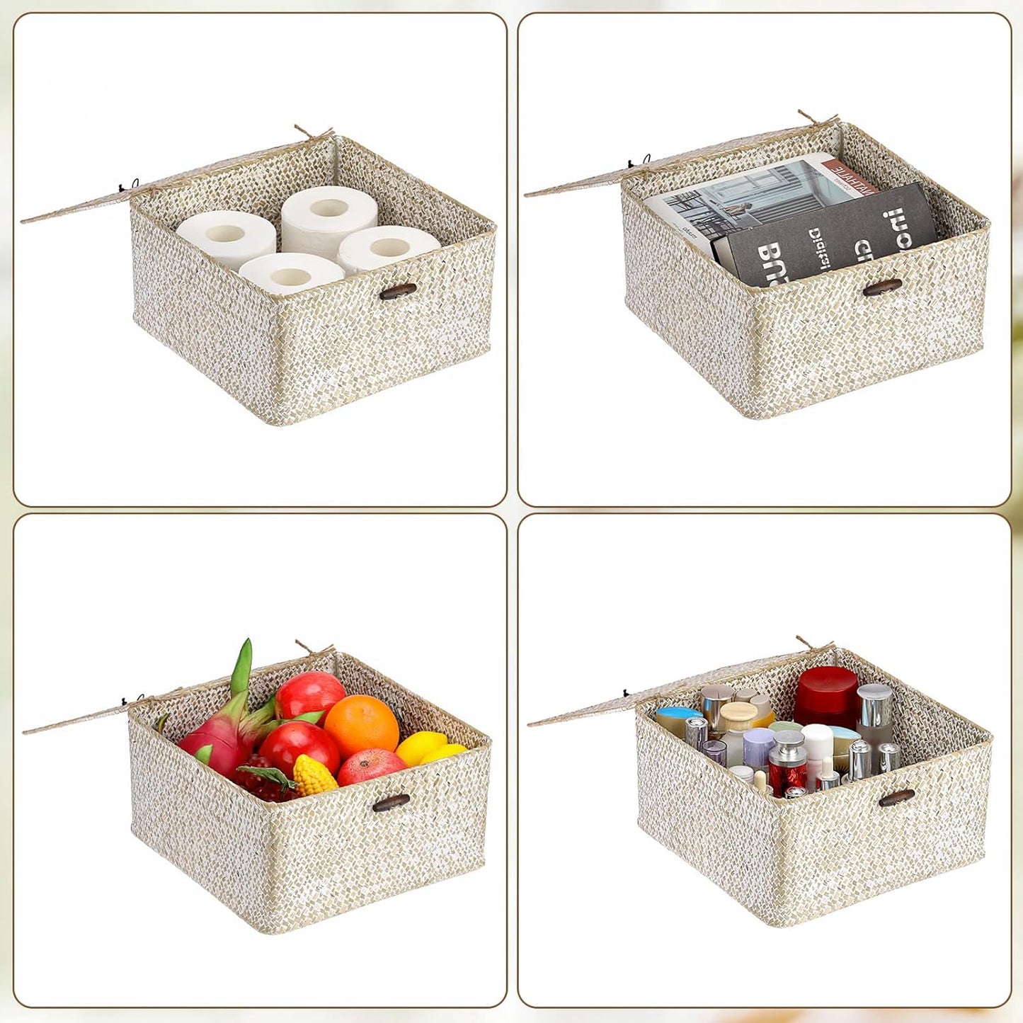 Hipiwe Seagrass Basket with Lid Wicker Storage Basket Square Handwoven Decorative Baskets Box for Shelf Multipurpose Household Baskets Home Decor,X-small
