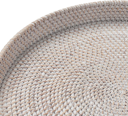 13.8 inch Round Rattan Tray, Decorative Coffee Table Tray, Ottoman Tray, Woven Serving Tray with Handles, Wicker Serving Basket, Whitewash