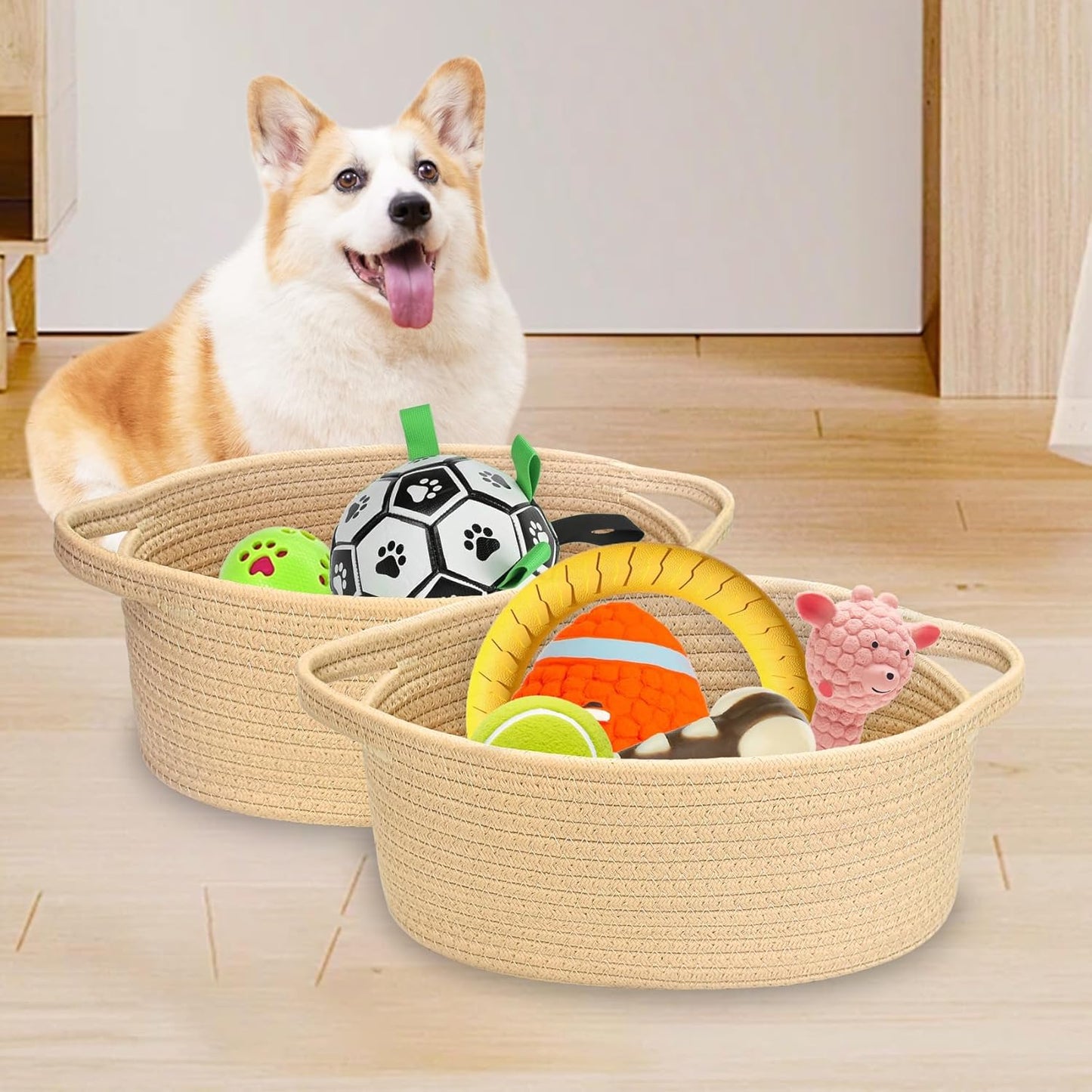 ABenkle Small Basket with Handles, Boho Decorative Rope Woven Dog Cat Toy Storage Bin Shelf Storage Organizer, Easter Christmas Gift Basket, 12"x8"x5", White