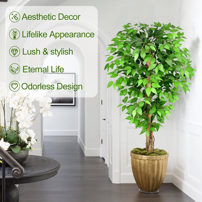 7ft Large Ficus Artificial Trees with Natural Curved Trunks, 84" Tall Lush Faux Tree for Home Decor Indoor, Green Lifelike Fake Ficus Tree Artificial Plants in Pot