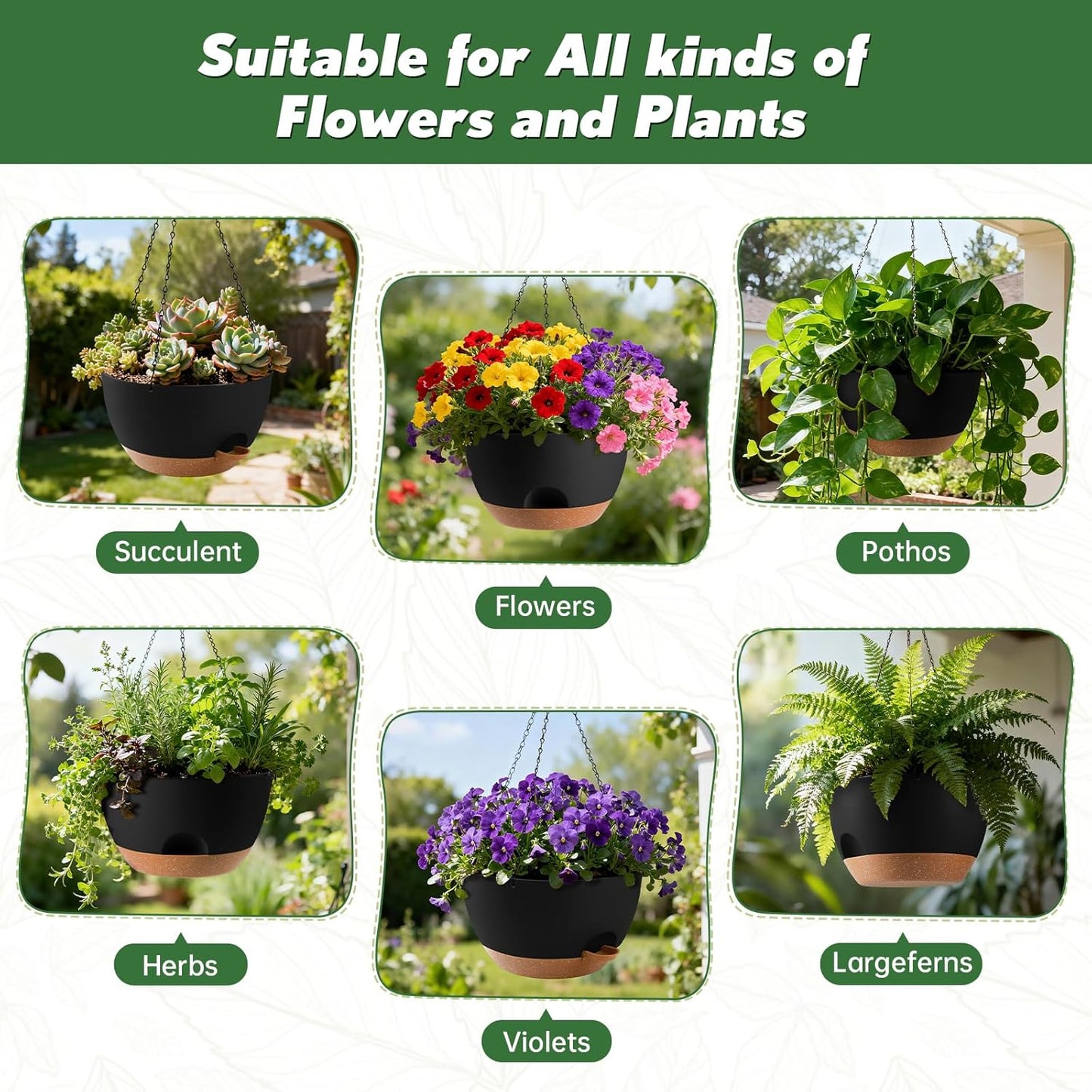 3-Piece Set of 10-Inch Hanging Planters with Automatic Watering System and Drip Tray, Includes Metal Chain, Suitable for Various Indoor and Outdoor Plants and Flowers, Green Brown