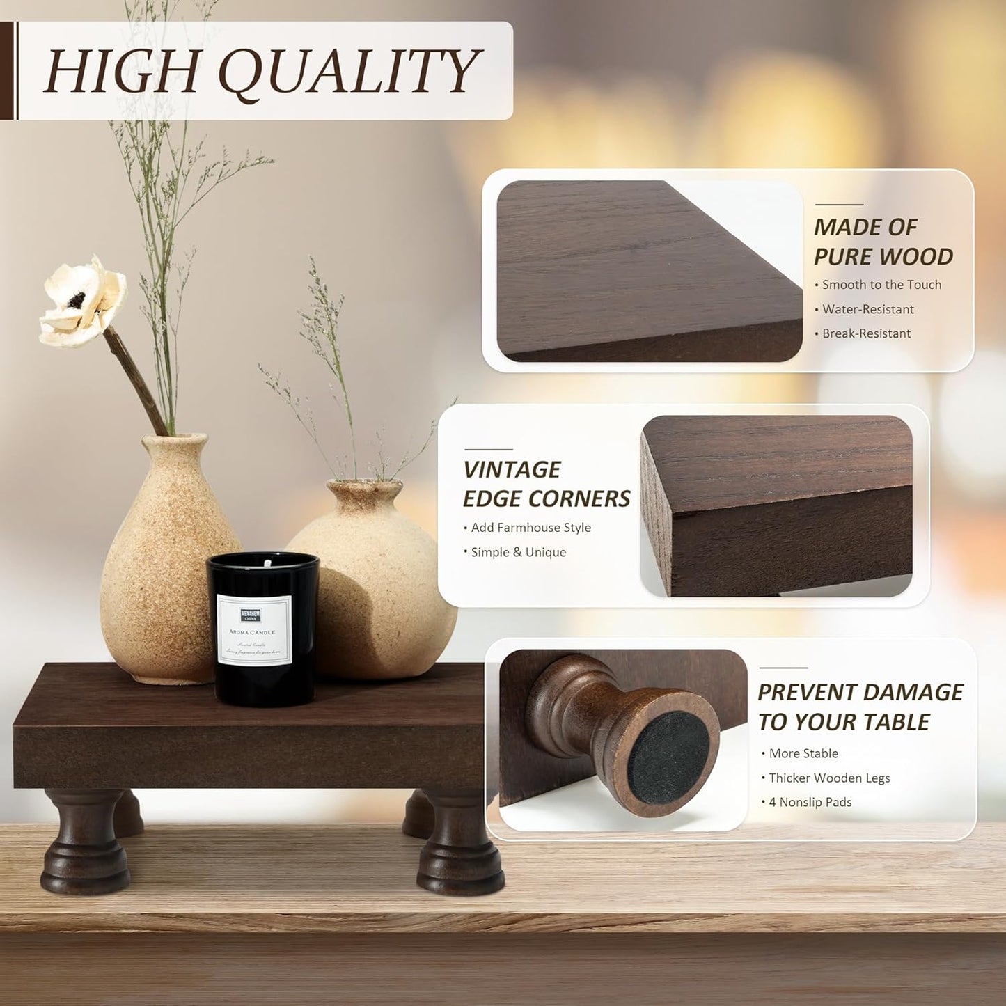 EOSAHR Farmhouse Riser for Room Decor : Decorative Pedestal Stand For Display Your Home Decorations and Uniquely Soap Stand - Rustic Bathroom Counter Tray and Kitchen Decor (Natural Wood)