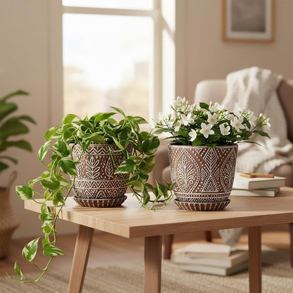 Gepege 6 Inch Beaded Ceramic Planter Set of 2 with Drainage Hole and Saucer for Plants, Indoor-Outdoor Large Round Succulent Orchid Flower Pot (Smoked Gray, Inner-pots not Larger Than 5 Inch)