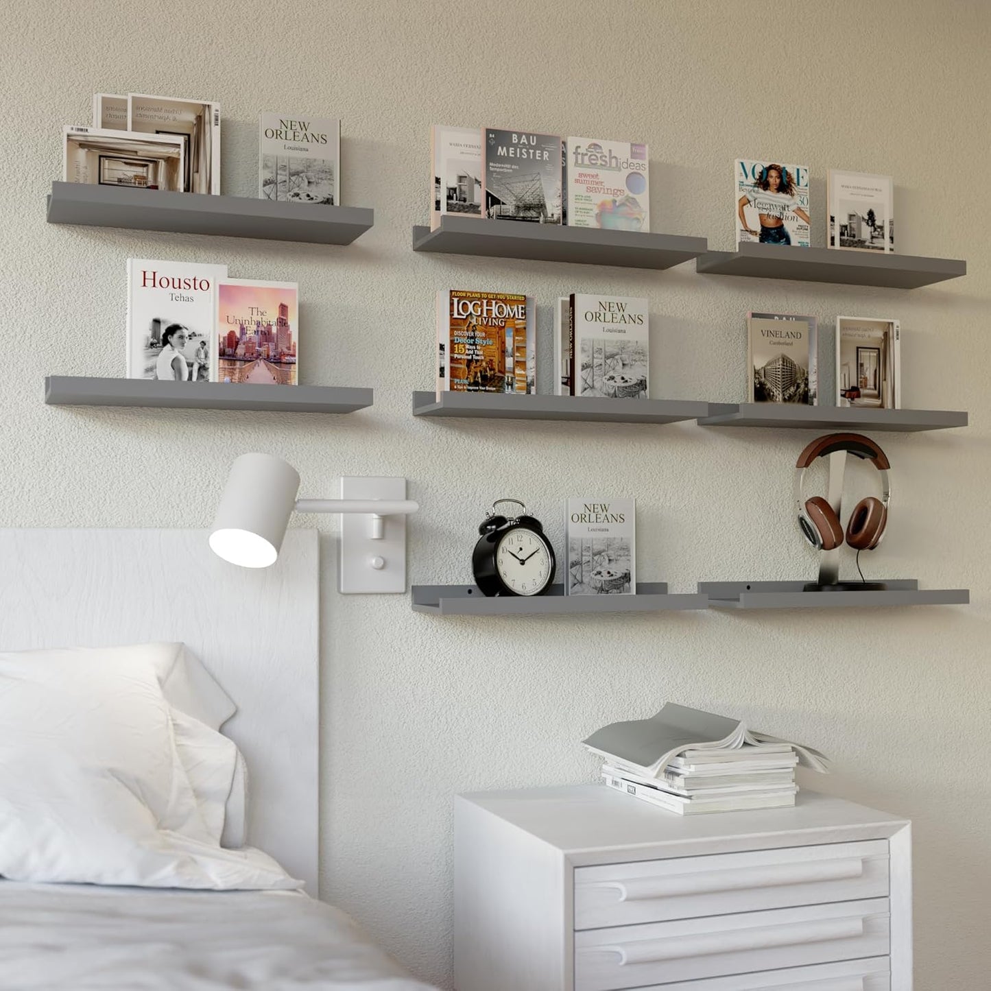 RICHER HOUSE 5 Set Floating Wall Mounted Shelves, Black Shelves for Wall Decor, Modern Picture Ledge Shelf with Lip for Storage, Nursery, Bedroom, Living Room, Bathroom - Black