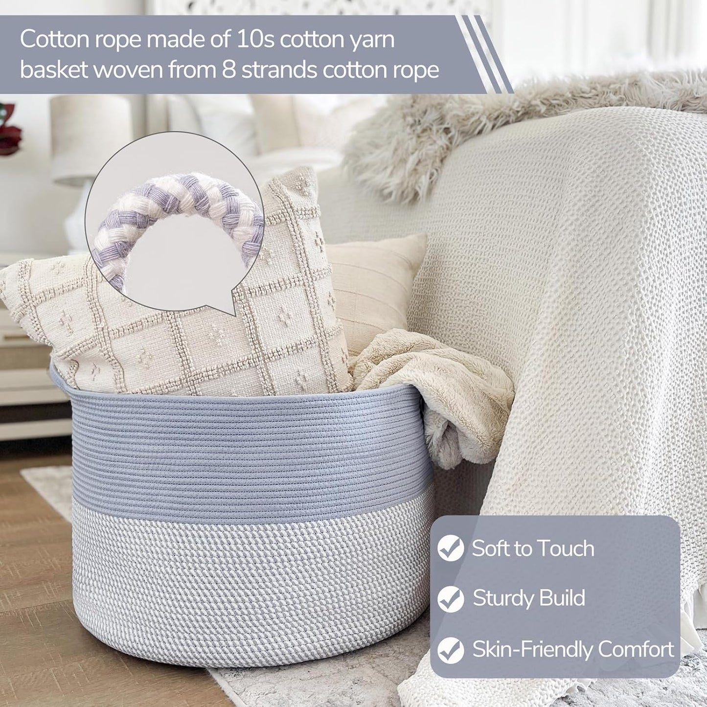 INDRESSME XXXLarge Blanket Basket for Living Room 21.7" x 21.7" x 13.8"-Storage Basket with Handle for Organizing Toy Pillows Woven Cotton Rope Laundry Basket Stuffed Animal Toy Storage for Play Room