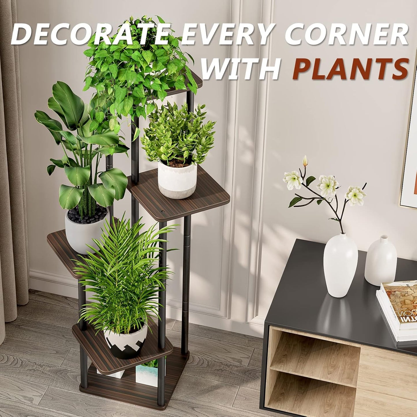 AZERPIAN Plant Stand 5 Tier Indoor Metal Flower Shelf for Multiple Plants Corner Tall Flower Holders for Patio Garden Living Room Balcony Bedroom, Black (5 Tier-Black)
