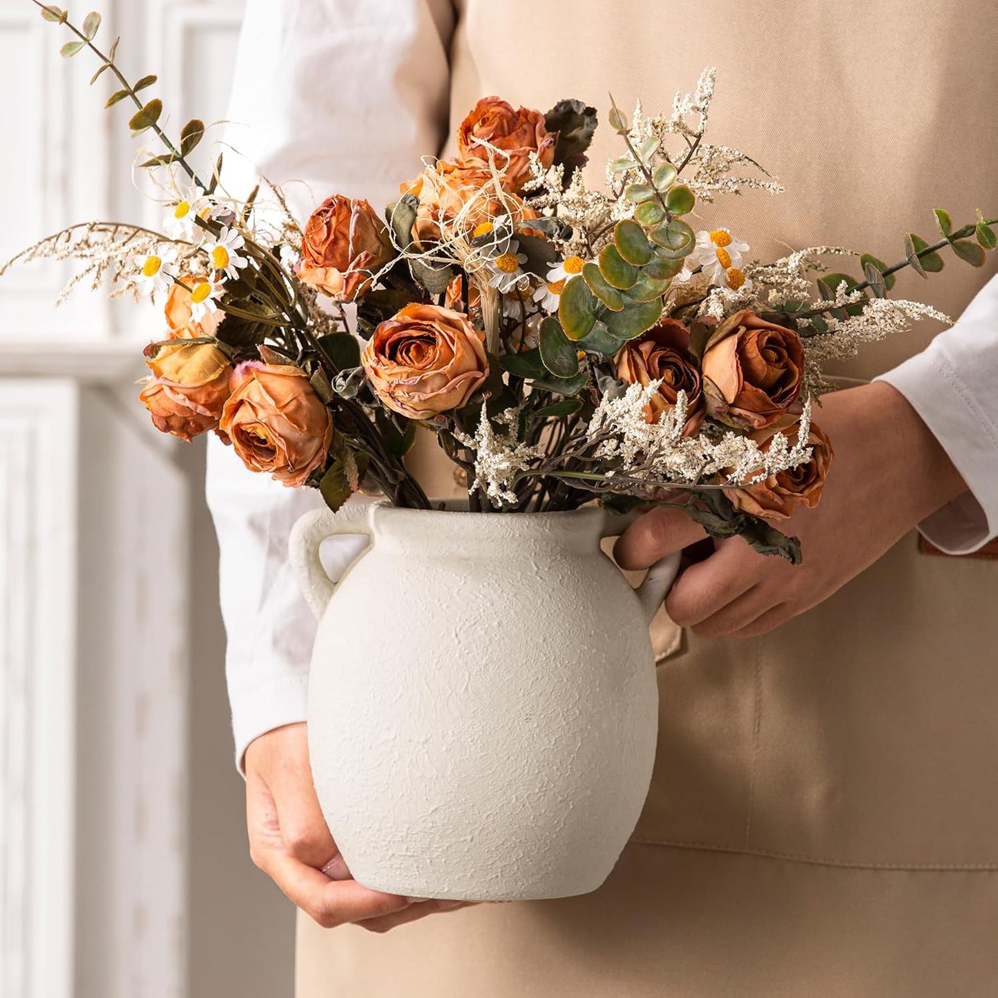 Dobbyby Ceramic Flower Vase 7.6 inch Farmhouse Rustic Vase Decorative Pottery Terracotta Vases for Home Decor Table Mantle Fireplace Living Room Bathroom Wedding Centerpiece (Whitewashed)