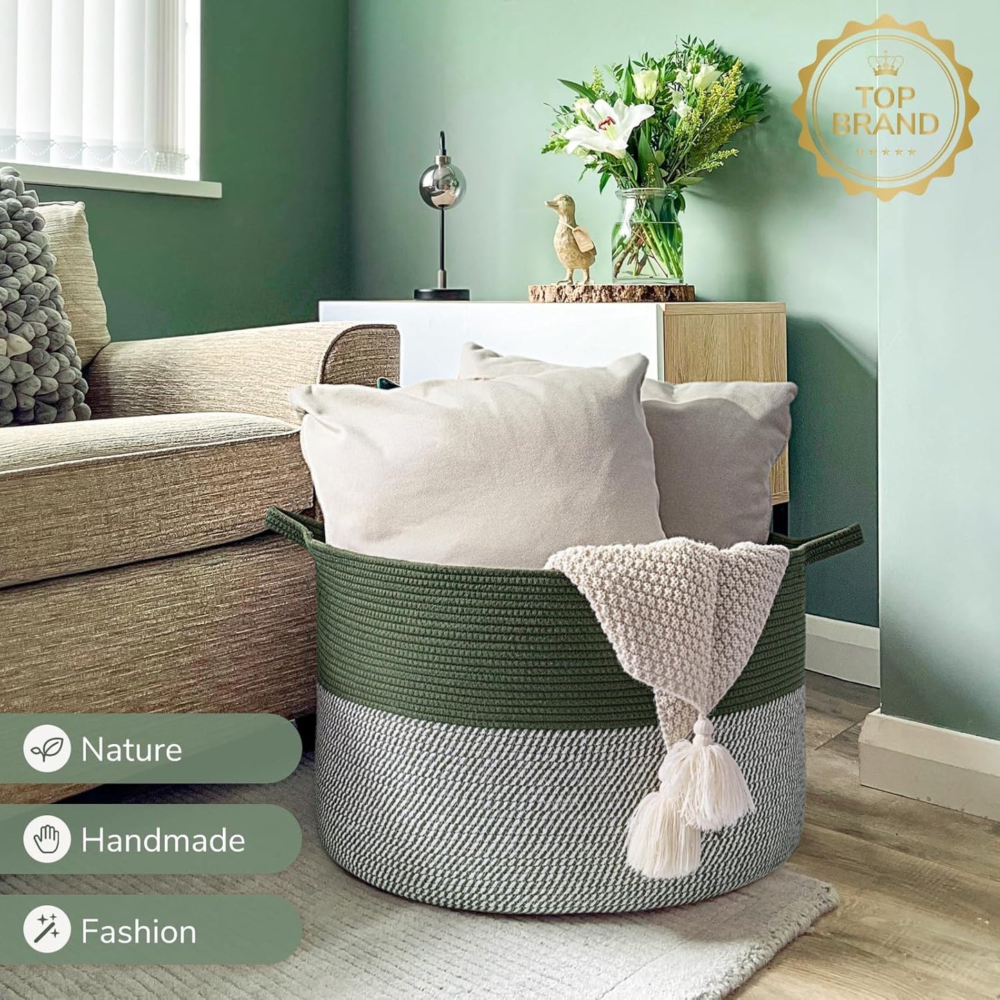 INDRESSME XXXLarge Blanket Basket for Living Room 21.7" x 21.7" x 13.8"-Storage Basket with Handle for Organizing Toy Pillows Woven Cotton Rope Laundry Basket Stuffed Animal Toy Storage for Play Room