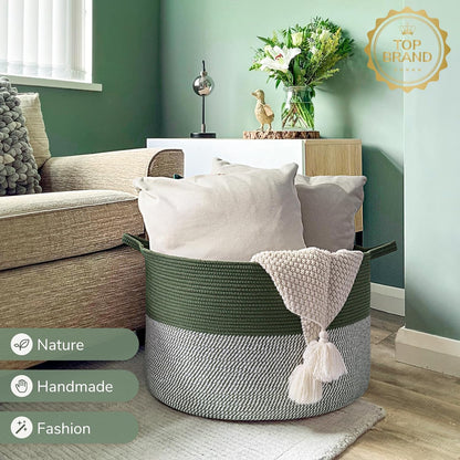 INDRESSME XXXLarge Blanket Basket for Living Room 21.7" x 21.7" x 13.8"-Storage Basket with Handle for Organizing Toy Pillows Woven Cotton Rope Laundry Basket Stuffed Animal Toy Storage for Play Room