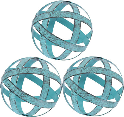 Kesywale 3.3 Inch Decorative Spheres Set of 3, Metal Band Decorative Balls Orbs Metal Spheres Home Decor Accents Dining Table Centerpieces for Living Room Bedroom Kitchen Office Coffee Table (Blue)
