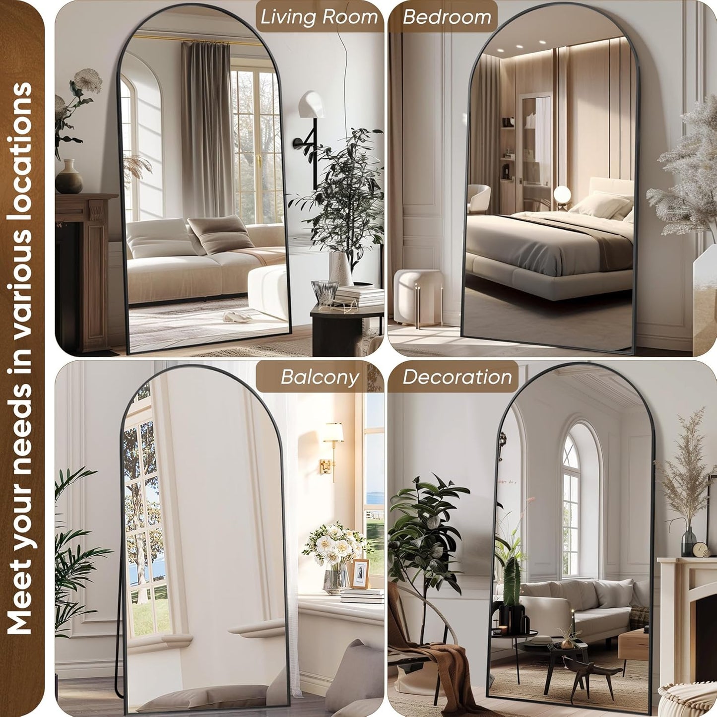 Antok 71" x28” Arched Full Length Floor Mirror, Black Aluminum Frame, Free Standing/Wall Mount/Leaning for Bedroom, Living Room, Dressing Room