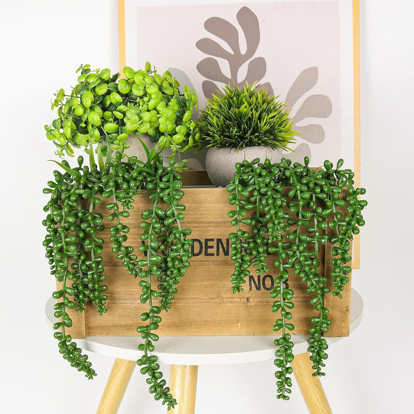 RECUTMS 6pcs Artificial Succulents Hanging Plants Fake Hanging String of Pearls Plant Faux Greenery Wall Plants for Spring Indoor Outdoor Home Bedroom Patio Garden Easter Decor