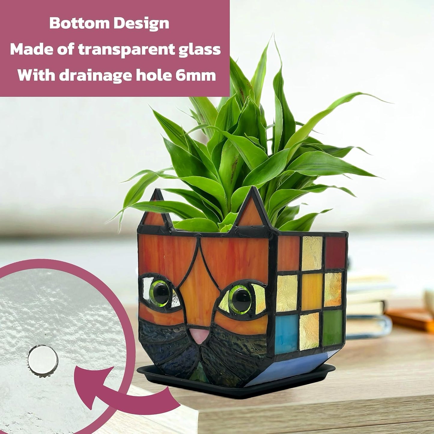 Tiffany Stained Glass Fun Moon Sleeping Cat Planter，Cactus Planter，Cute Planters for Indoor Plants,Decorative Flower Pots As Gifts for Cat Lovers，4.6x3x5.15 in