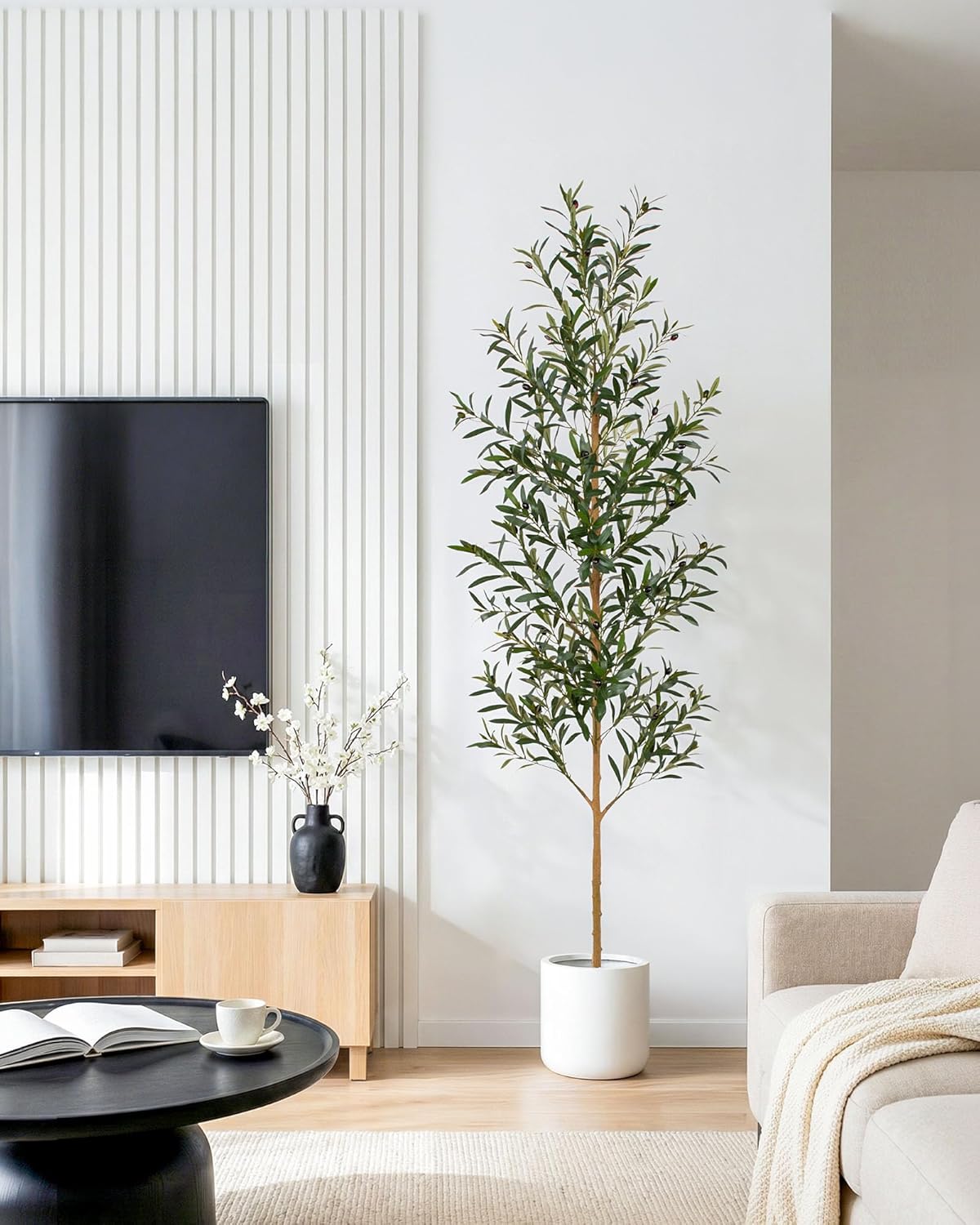 FLOWORLD 6FT Olive Trees Artificial Indoor, Tall Faux Olive Tree 6FT (72in) with Natural Wood Trunk & Realistic Olives, Stable Base, Pet Friendly Artificial Plant for Home Office, Living Room, Outdoor
