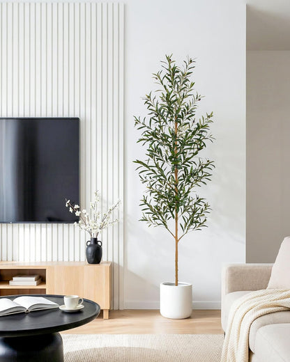 FLOWORLD 6FT Olive Trees Artificial Indoor, Tall Faux Olive Tree 6FT (72in) with Natural Wood Trunk & Realistic Olives, Stable Base, Pet Friendly Artificial Plant for Home Office, Living Room, Outdoor