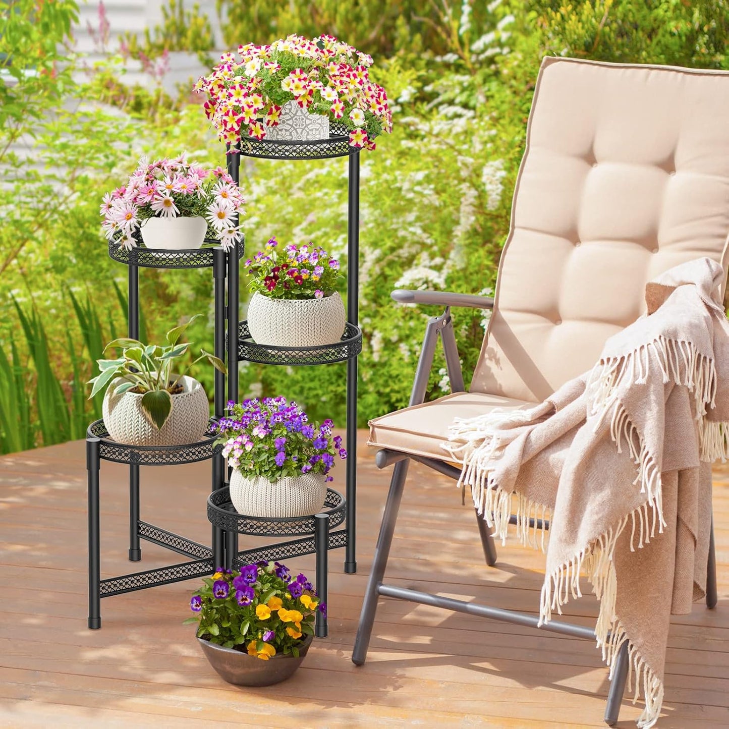 iDavosic.ly Plant Stand Indoor Outdoor, 5 Tier Corner Metal Flower Display Holder Shelf, Folding Tall Orchid Rack for Patio Balcony Porch Garden Living Room House, Black