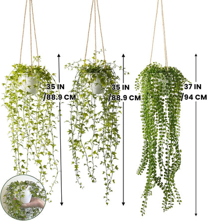 3 Packs Fake Hanging Plants with Black Pots, 20" Artificial Hanging Plants for Wall Decor, Fake Fern Plants Mandala Vine for Home Bathroom Bedroom Kitchen Office Room Decor