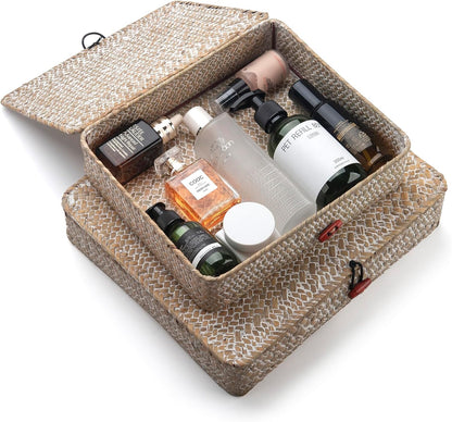 Seagrass Storage Basket Box with Lid Rectangular Woven Shelf Baskets Bins for Organize Snack Toys Set of 2 Natural Decorative(Large+Small)