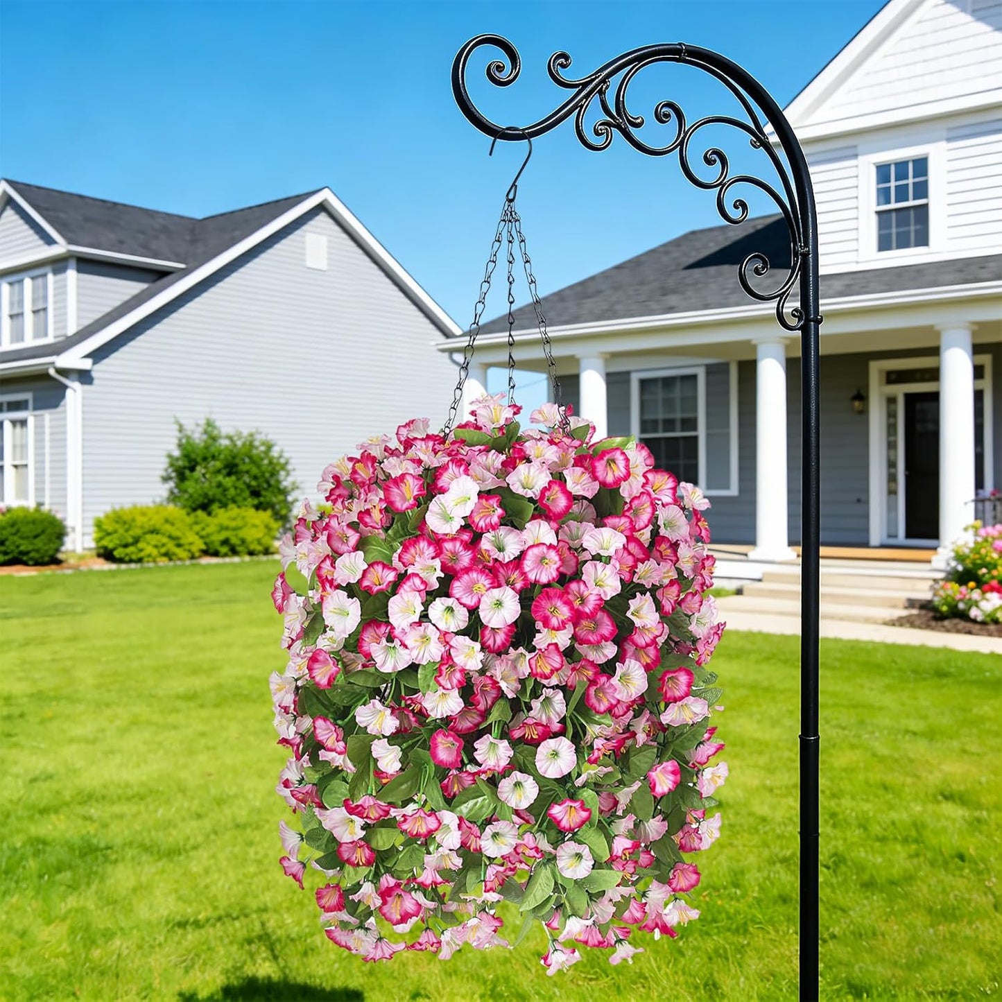 INXUGAO Artificial Flowers with Hanging Basket, Outdoor Faux Plants Silk Morning Glory Vines, Fake Green Arrangement for Garden Patio Spring Summer Decor(4pcs,Darkorchid)