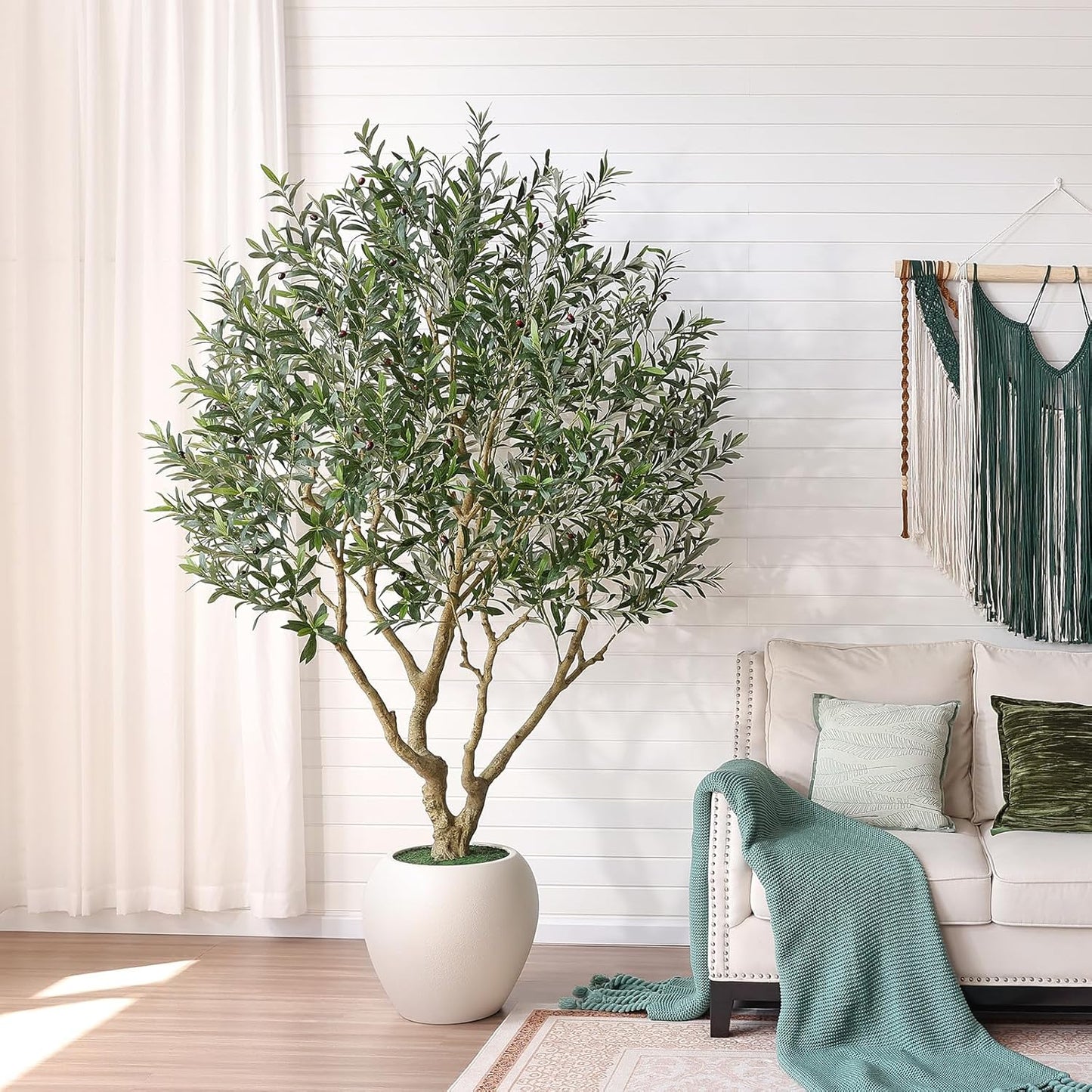 Verinatural Olive Tree Artificial Indoor, 8FT Tall Faux Olive Tree with 18in White Planter, Artificial Plants with Natural Wood Trunk and Lifelike Fruits for Home Office Decor,VN205