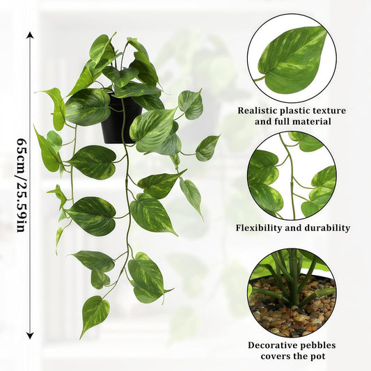 Artificial Pothos Hanging Plants 2 Pack with Pots, Realistic Fake Hanging Plants Indoor, Faux Greenery Vines for Shelf, Bathroom, Living Room, Office Decor