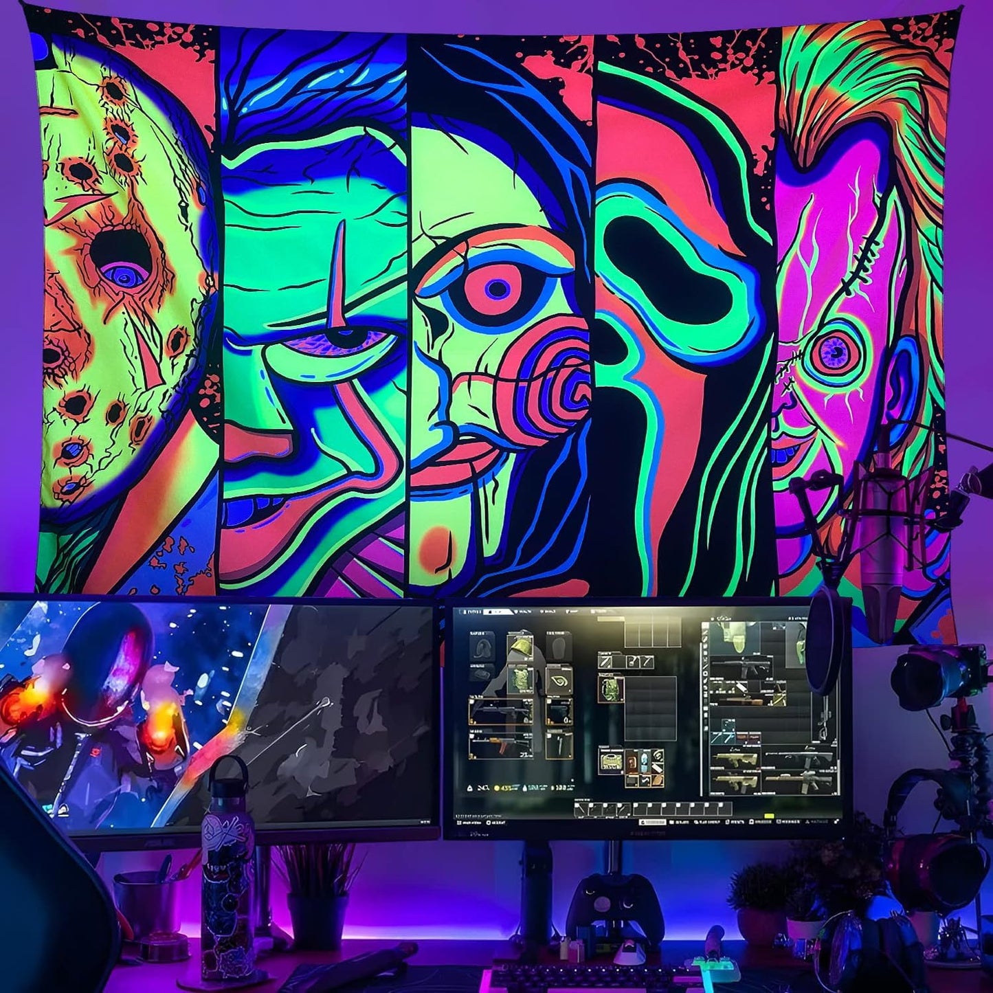 ARTCREATOR Black Light Art Halloween Wall Decor Trippy Blacklight Horror Face Tapestry, UV Reactive Tapestries Glow in The Dark Party Tapestry for Bedroom, Living Room (29" x 37")