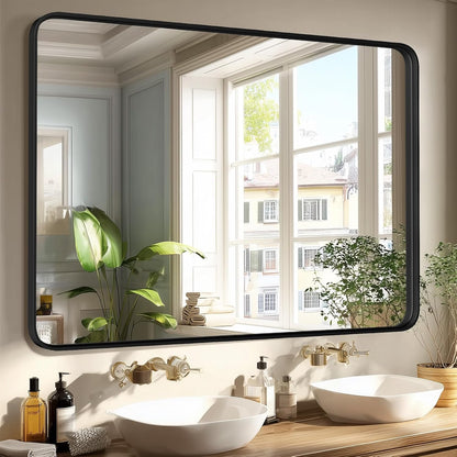 Bathroom Mirror for Wall, 24 Inch Round Mirror, Matte Black Metal Framed Circle Vanity Mirror for Bathroom Bedroom Living Room Entryway, Anti-Rust, Tempered Glass, Hanging or Leaning