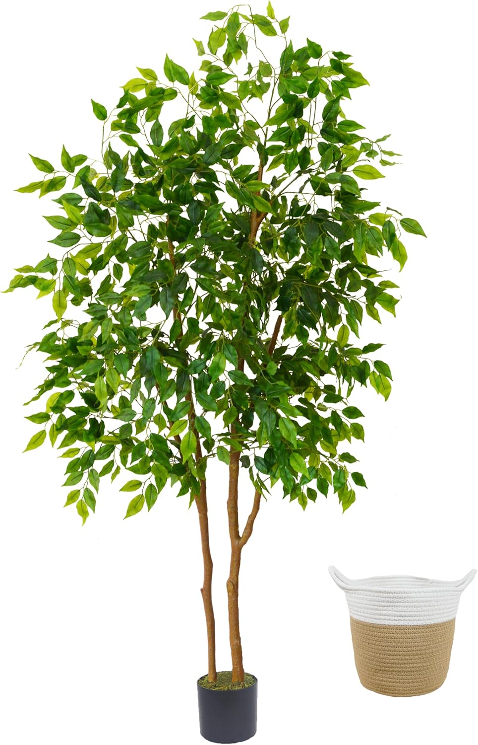 Warmplants Artificial Ficus Tree, 7ft Silk Fake Ficus Leaves Plant with Basket, Indoor Outdoor Faux Green Tree for Home Garden Office House Livingroom Décor
