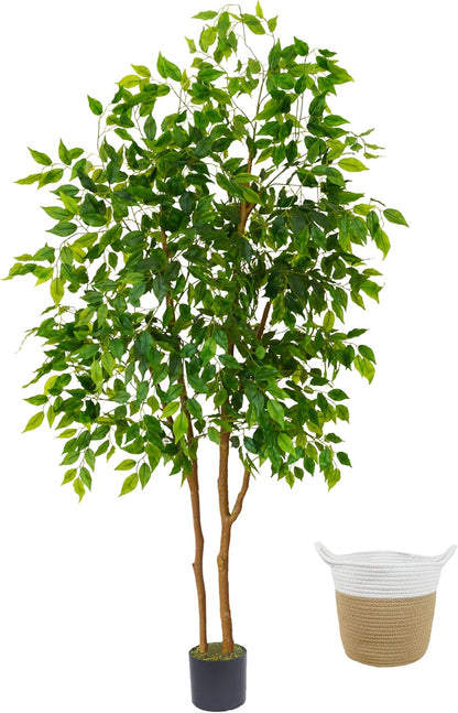 Warmplants Artificial Ficus Tree, 7ft Silk Fake Ficus Leaves Plant with Basket, Indoor Outdoor Faux Green Tree for Home Garden Office House Livingroom Décor
