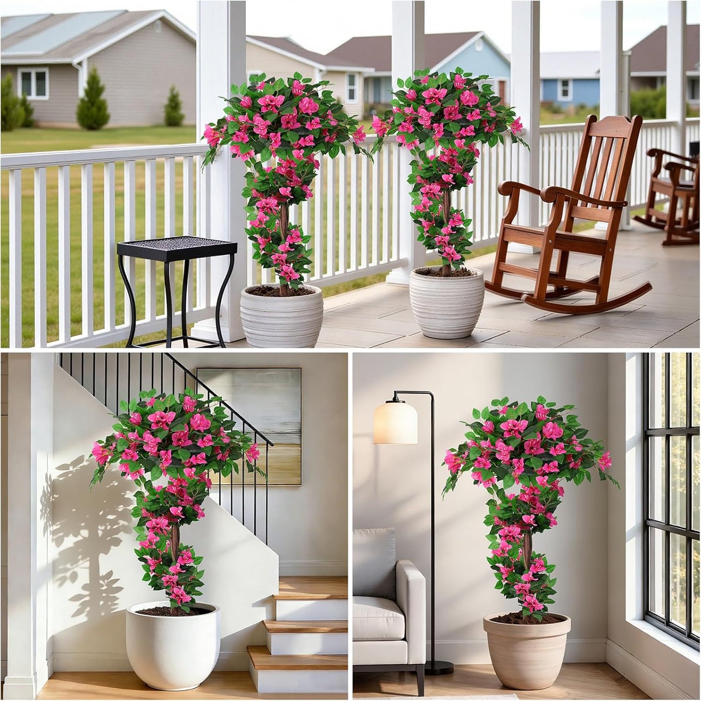 2Pack 4FT Artificial Bougainvillea Topiary Trees for Outdoor, Fake Silk Flowers Plants Bushes with Ground Spike, Faux UV Resistant Shurbs Trees for Outside,Front Porch,Patio,Balcony Decor