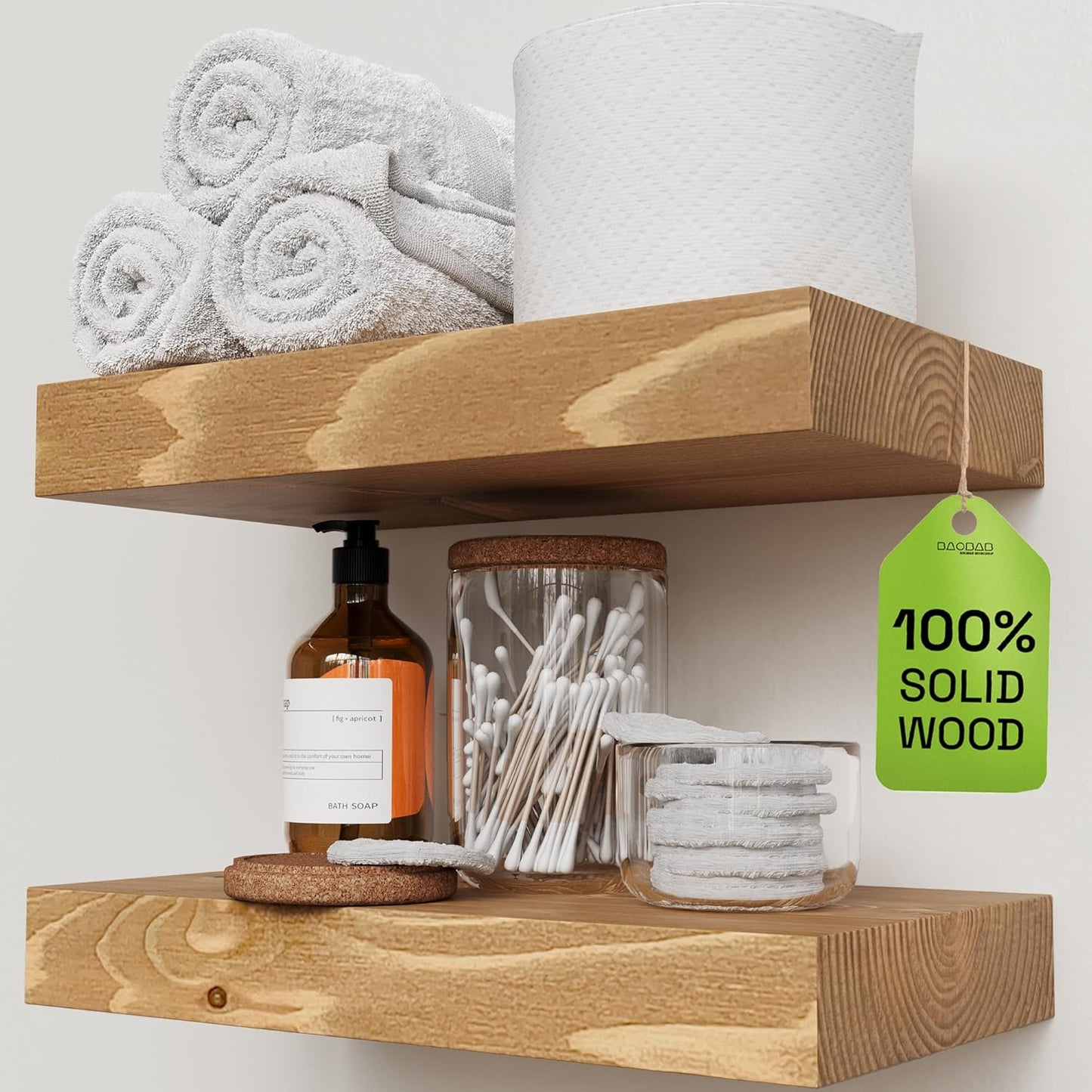 BAOBAB WORKSHOP Wood Floating Shelves for Wall Mounted, 16 inch Walnut Floating Shelf for Bathroom, Solid Wooden Wall Shelves for Kitchen Bedroom Farmhouse, Walnut Finish, 16 x 6.7, Set of 2