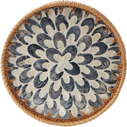 Round Rattan Tray with Mother of Pearl Inlay, Rattan Serving Tray with Wooden Base, Decorative Wicker Basket for Table Decor, Storage and Display of Coffee Bread Food Fruit (Leaf)