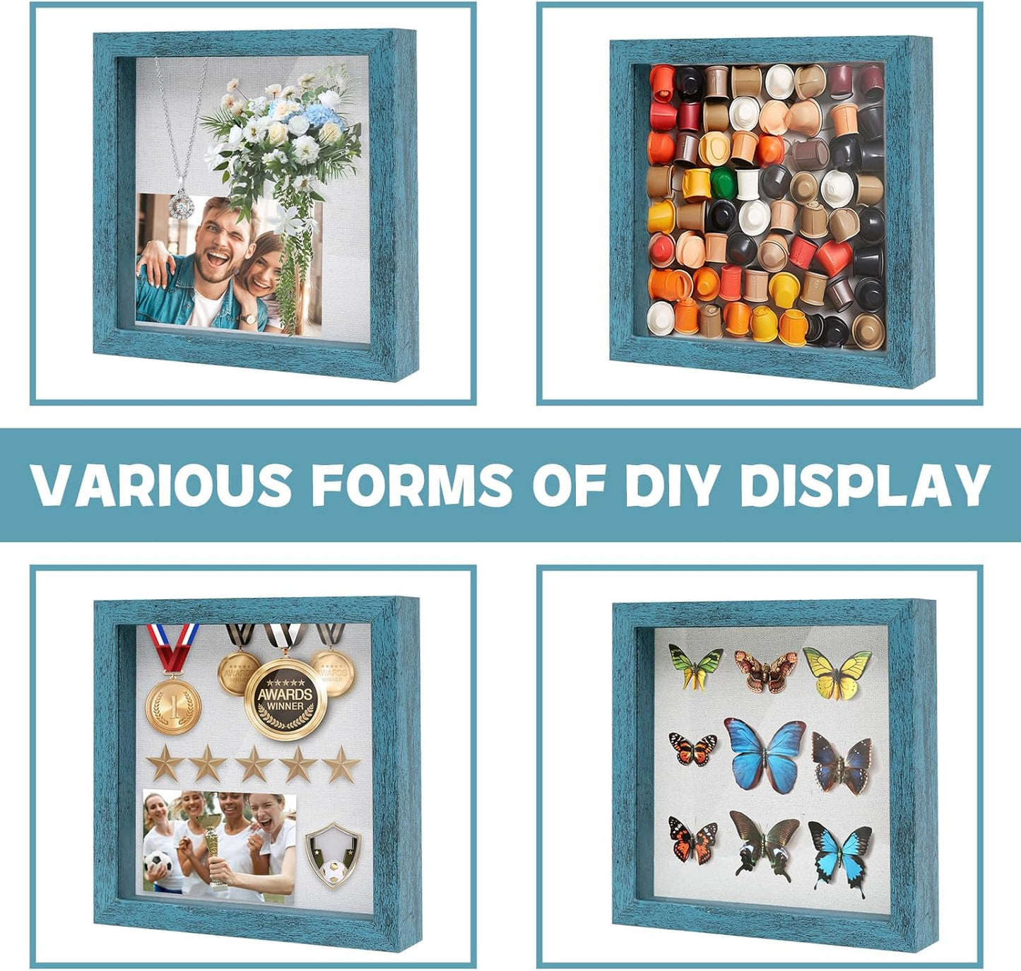 Muzilife 8x8 Shadow Box Picture Frame with Linen Board - Deep Wood & Glass Display Case Ready to Hang Memory Box Baby Sports Memorabilia, Pins, Awards, Medals, Wedding, Tickets and Photos (Black)