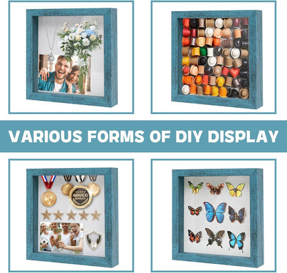 Muzilife 8x8 Shadow Box Picture Frame with Linen Board - Deep Wood & Glass Display Case Ready to Hang Memory Box Baby Sports Memorabilia, Pins, Awards, Medals, Wedding, Tickets and Photos (Black)