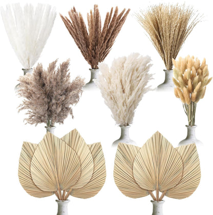 105 Pcs Boho Dried Pampas Grass Decor Bulk, Large Dried Palm Spears Bunny Tails Pampas Reed Grass Dried Palm Leaves Dried Flower Bouquet Boho Centerpieces for Wedding Home Tables Decor
