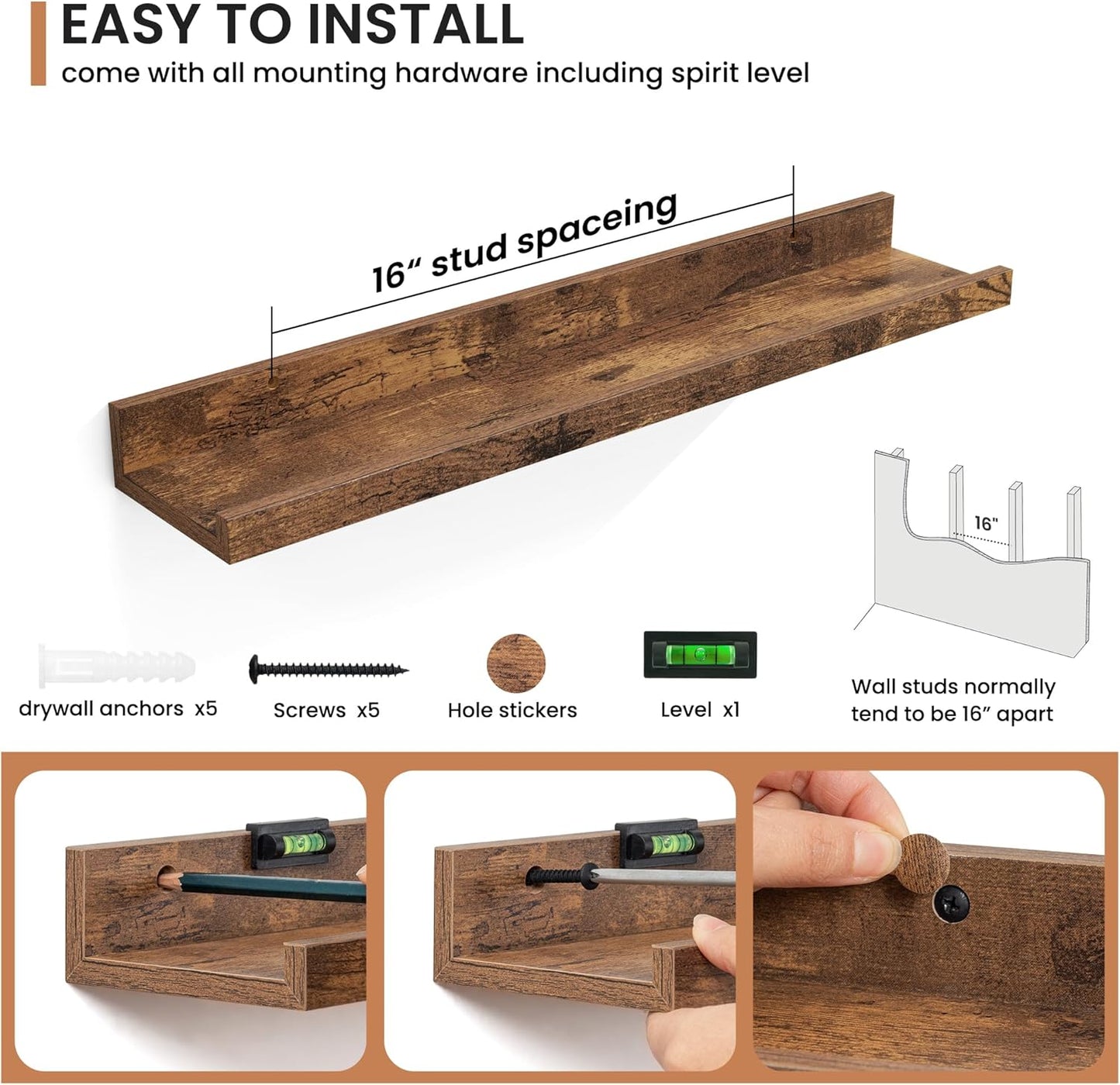 Fun Memories Picture Ledge Shelves Set of 2, 32 Inch Rustic Wall Mounted Floating Shelves with Lip for Home Storage and Décor in Bathroom, Kitchen, Nursery, Bedroom, Living Room, Walnut