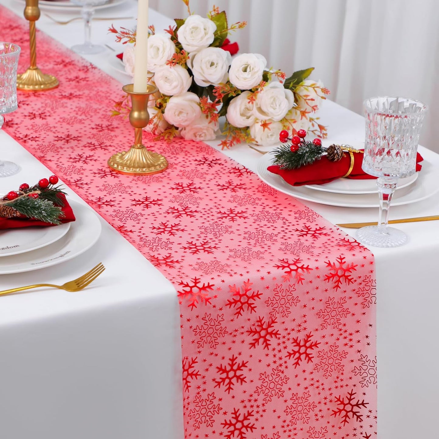 Snowkingdom 2 Pieces Gold Table Runner, Sequin Glitter Foil Metallic Thin Mesh Runner Roll 11"x108", Gold Table Decorations for Event Party, Wedding, Birthday Party, Christmas