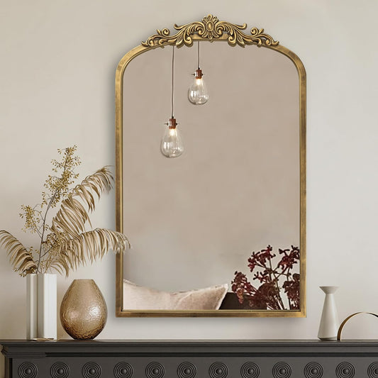 PERFNIQUE Vintage Mirror, 30" X 19" Arched Antique Baroque Mirror, Gold Traditional Wall Decor, Ornate Decor Anthro Look Alike Decor for Bathroom Living Room Fireplace Entryway Mantle Hallway