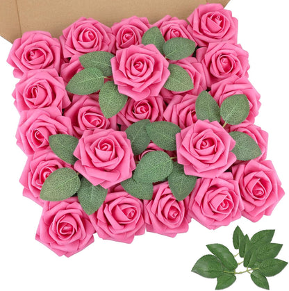 AmyHomie Artificial Flowers Dark Red Rose 25pcs Real Looking Fake Roses w/Stem for DIY Wedding Bouquets Centerpieces Arrangements Party Baby Shower Mothers Day Christmas Tree Decorations