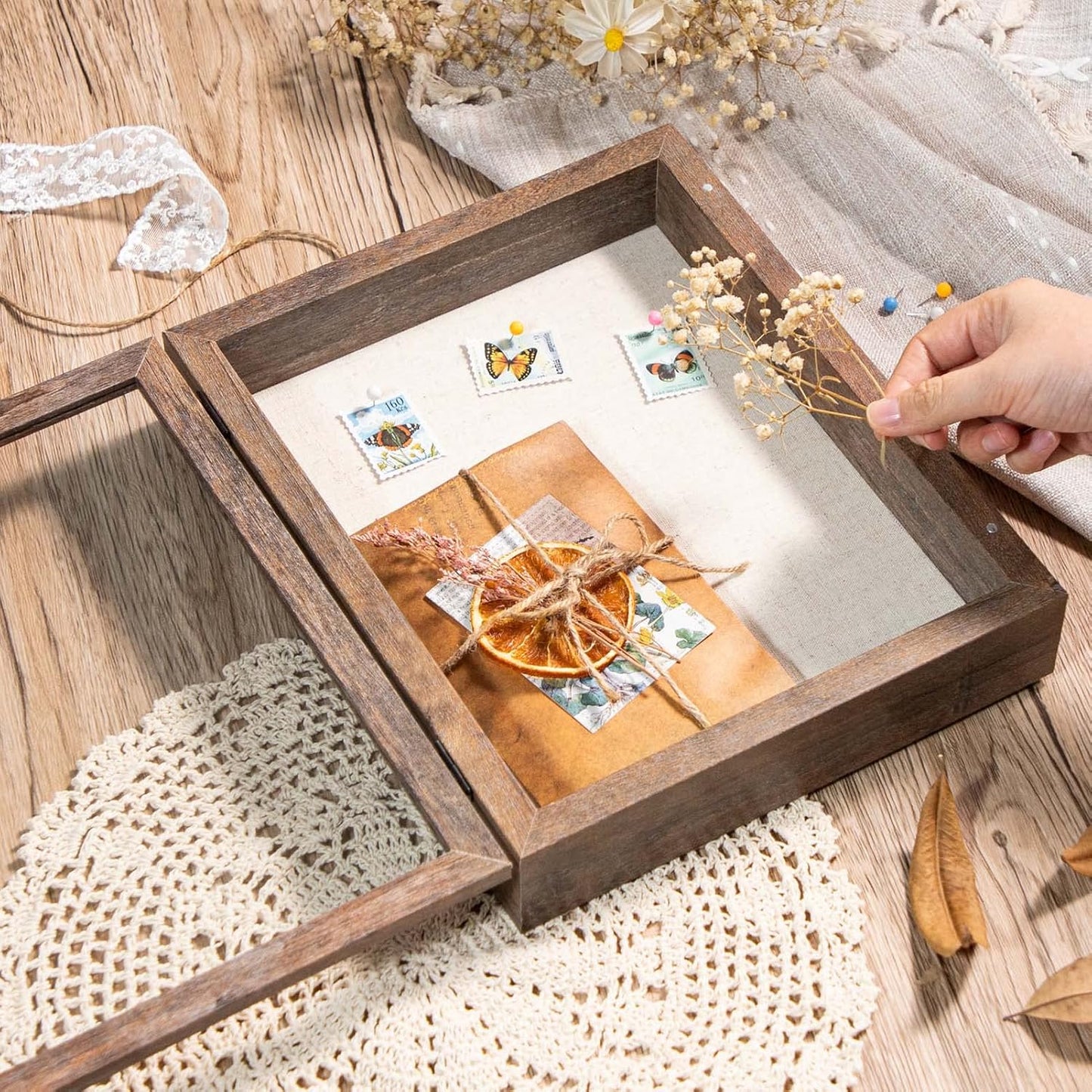 Califortree 8x10 Shadow Box Frame with Linen Back - Sturdy Rustic Memory Display Case of Flower, Pictures, Medals and More, White