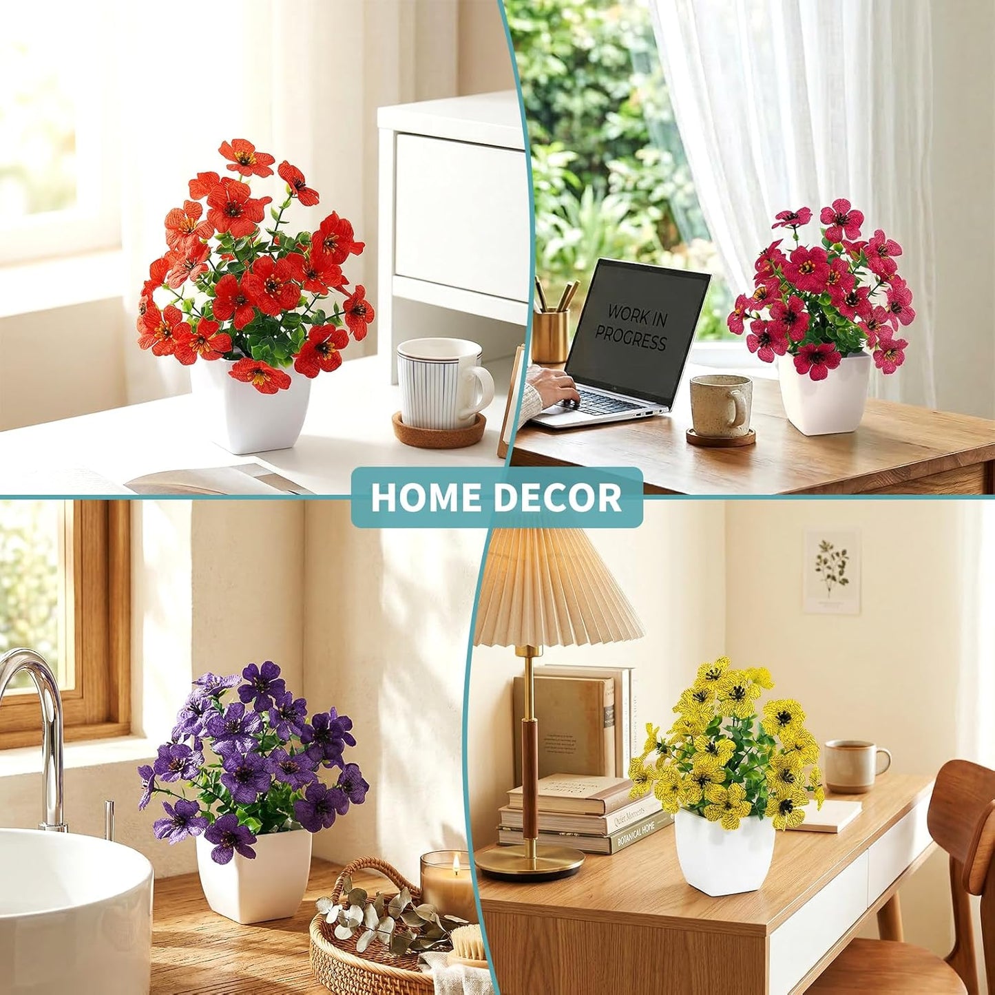 LOYWREE 4 Pack Small Artificial Mums Flowers in White Pots, Fake Mini Potted Plants, Spring Floral Decor for Home Bathroom Shelves Office Desk Table Centerpiece Indoor Decoration