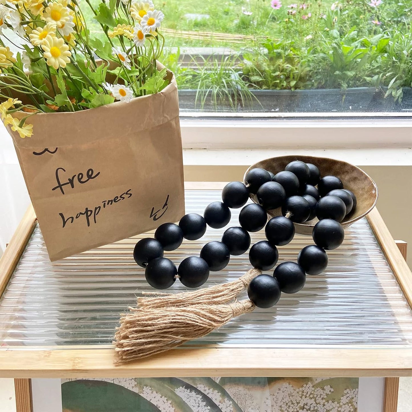 OMISHE Extra Large Wood Bead Garland with 1.6" Diameter Wooden Beads and Tassels, 41" Long Rustic Farmhouse Country Decorative Beads for Home Tiered Tray Decor, Natural Beige