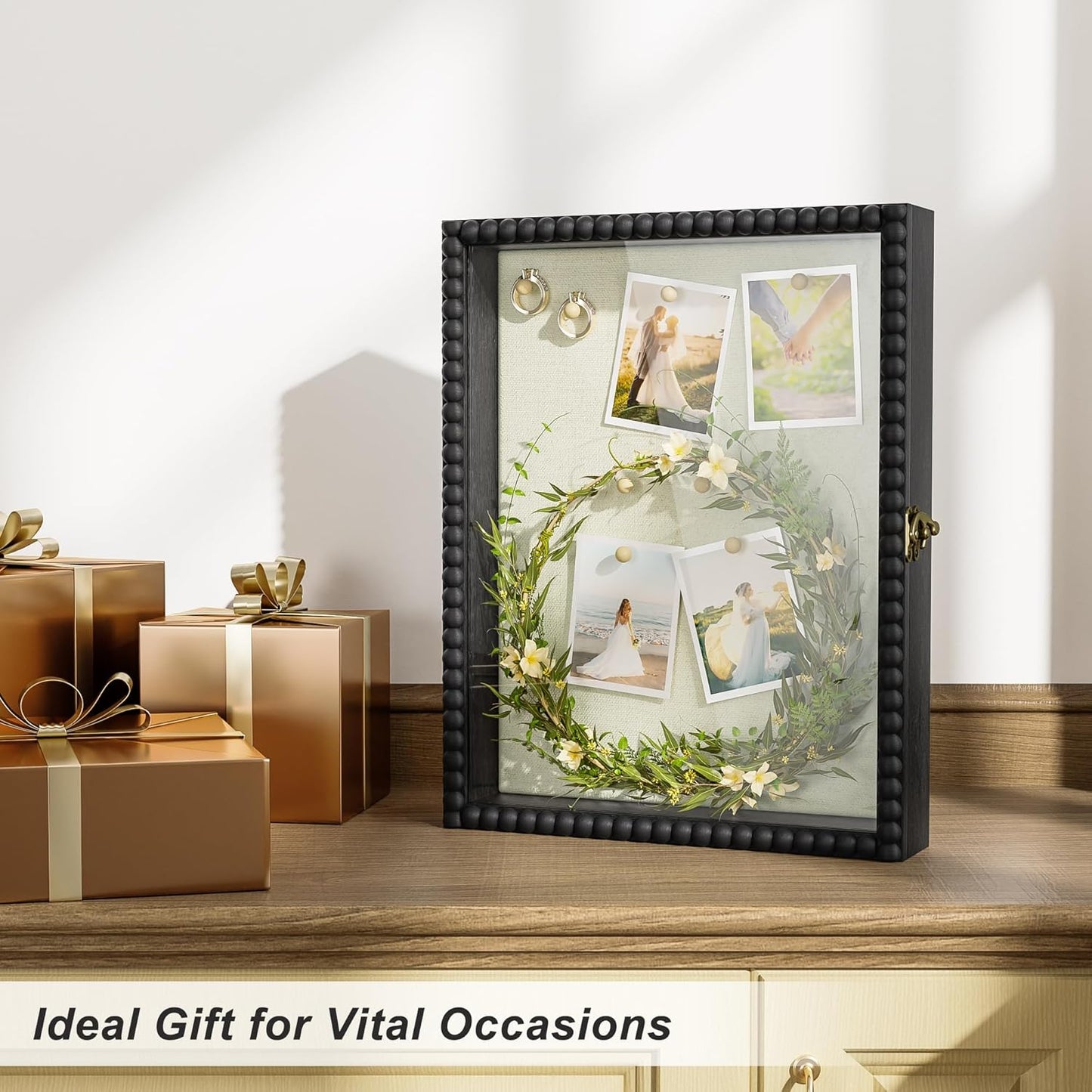 Love-KANKEI Shadow Box Frame 11x14, Deep Large Shadow Box Display Case with Unique Beads Door and Glass Window, Wood Memory Box for Pictures,Medals,Memorabilia,Collections White