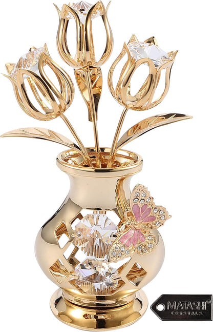 Matashi 24K Gold Plated Crystal Flower Figurine with Clear Crystals & Butterfly – Luxury Decorative Tulip Statue, Elegant Tabletop Home Décor, for Mother's Day, Valentine's Day, Christmas