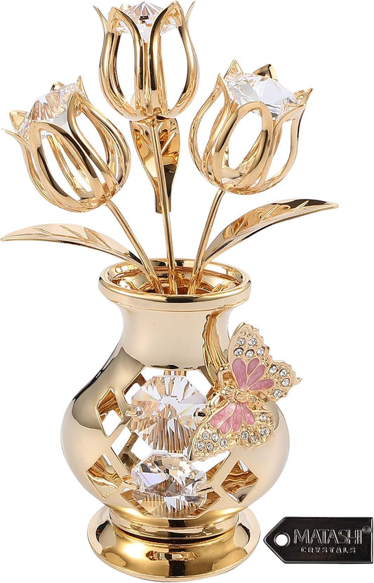 Matashi 24K Gold Plated Crystal Flower Figurine with Clear Crystals & Butterfly – Luxury Decorative Tulip Statue, Elegant Tabletop Home Décor, for Mother's Day, Valentine's Day, Christmas