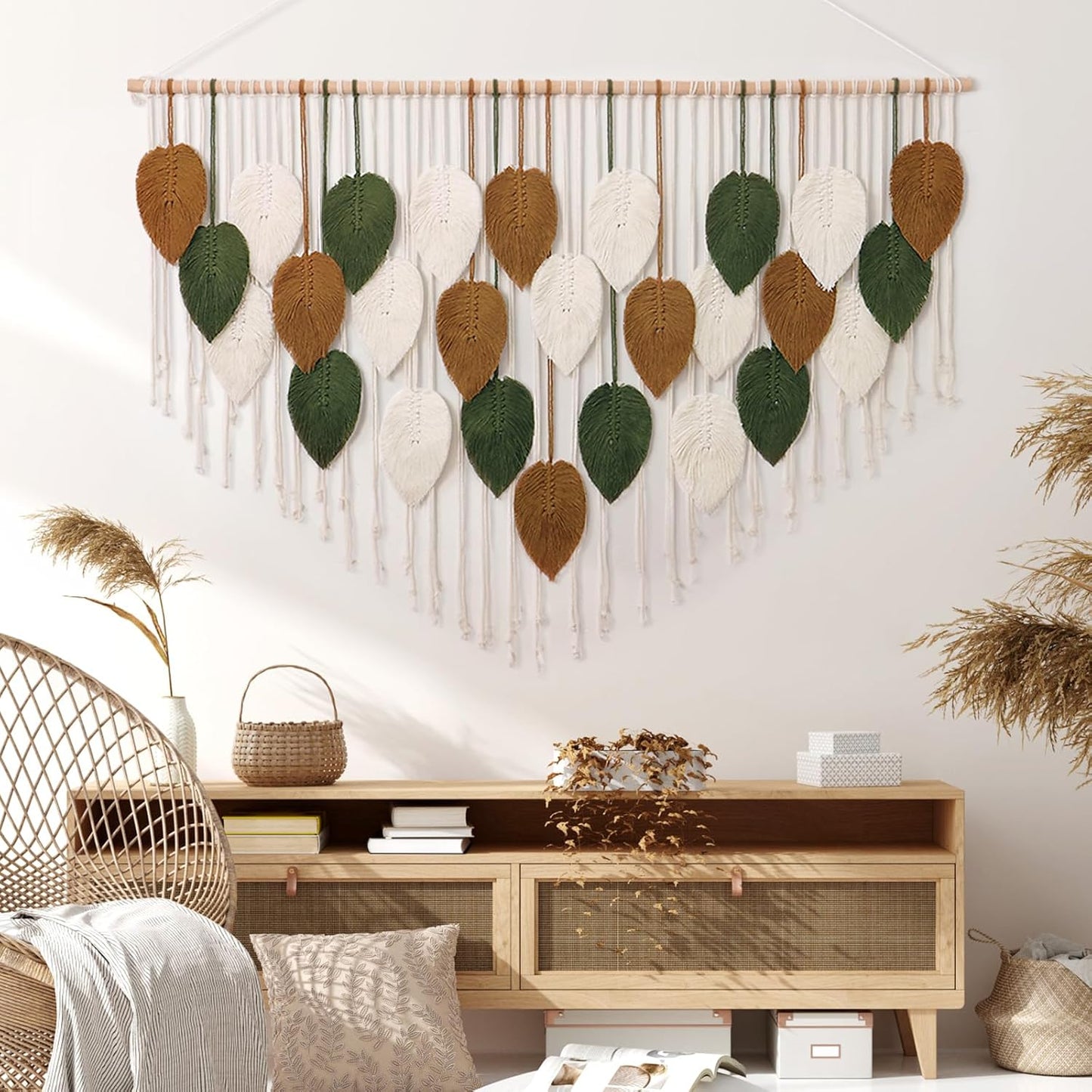 KHOYIME Large Macrame Wall Hanging Boho Woven Tapestry, Chic Home Decor Modern Bohemian Handmade Leaf Feather Wall Art Decorations for Apartment Dorm Living Room Bedroom Nursery Backdrop 39"W X 29.5"L