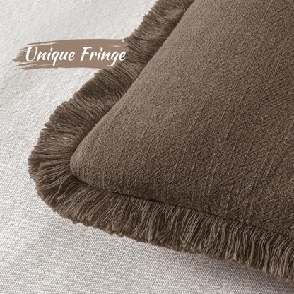 MIULEE Decorative Throw Pillow Covers Neutral Linen Fringe Throw Pillows Set of 2 Natural Beige Boho Farmhouse Cushion Covers with Tassels for Couch Sofa Bed Spring Home Decor 20x20 Inch