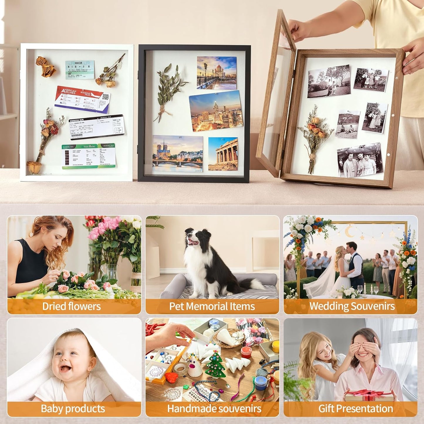 8x10 Deep Shadow Box Picture Frame Display Case with Linen Back and Stand,Real Glass Black Shadow Memory Box Frame 8x10 for Flower Baby Pet Wedding Photo Art Craft Memorial Wall Decor Gift