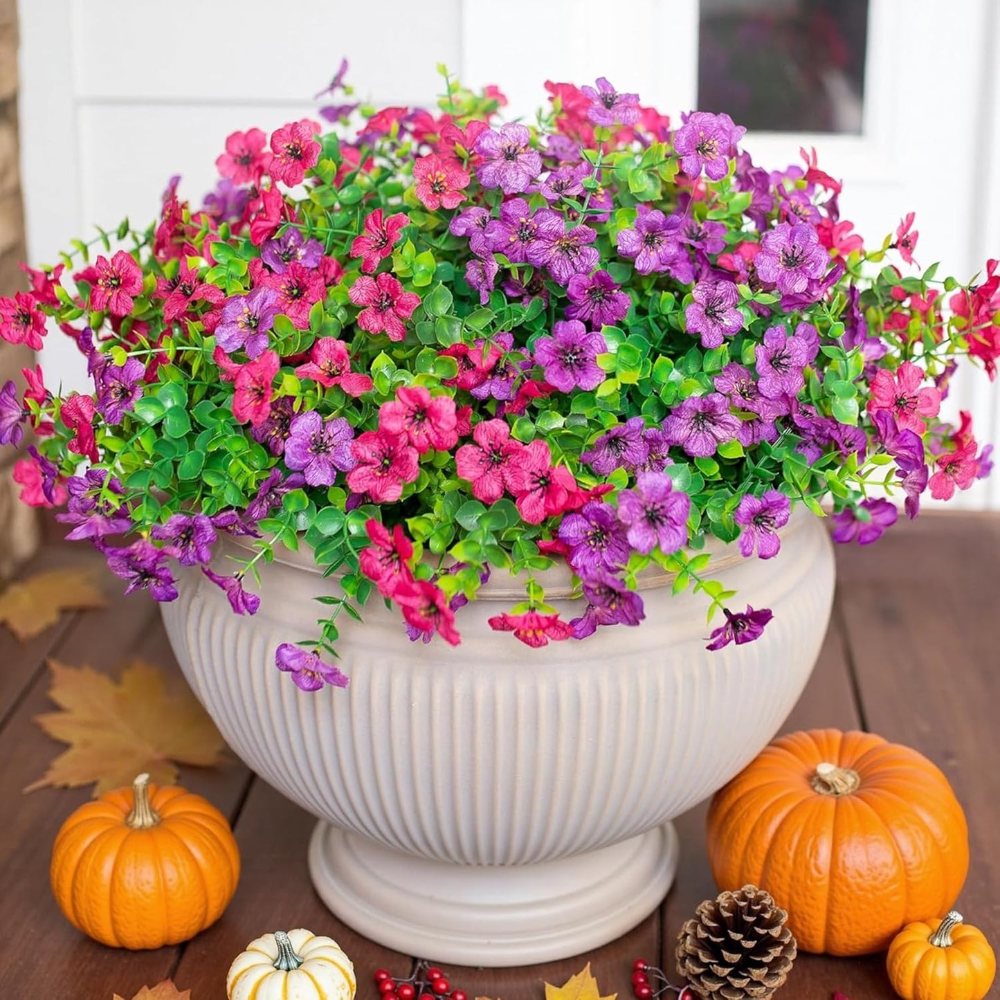 HyeFlora Artificial Flowers for Outdoor Indoor Garden Home Decoration, Faux Flower Daisy with Eucalyptus Leaves Fake Plants Greenery Boxwood Porch Patio, 12 Bundles (Mix Pink Red Purple Yellow)